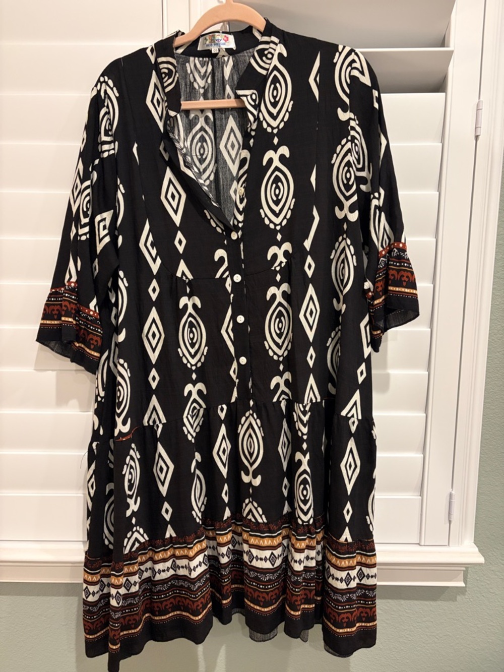 India Boutique Black & White Geometric Print Tunic with Brown Accent Hem